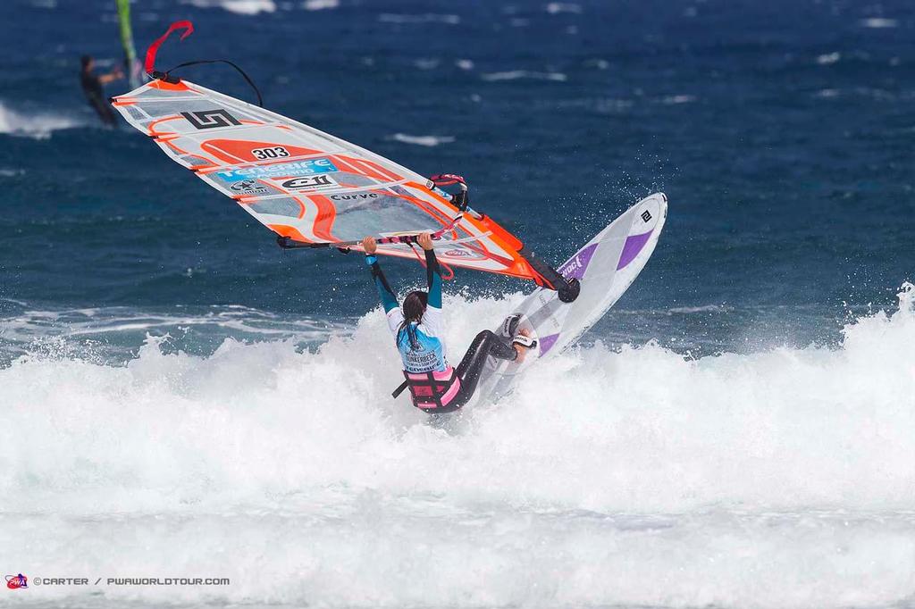 Steffi Wahl foam climb - 2014 PWA Tenerife World Cup ©  Carter/pwaworldtour.com http://www.pwaworldtour.com/